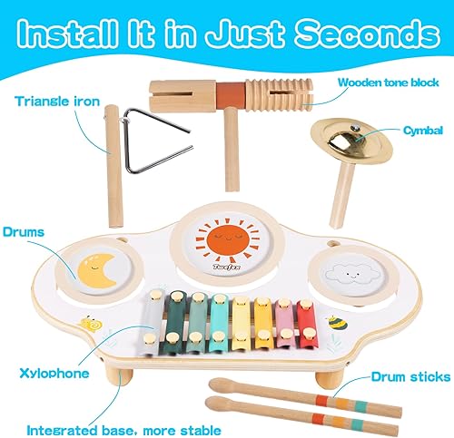 Miniatura 6 de Juego de batería para niños, juego de batería 9 en 1 para niños pequeños, instrumentos musicales Montessori, juguete para bebés, juguetes musicales
