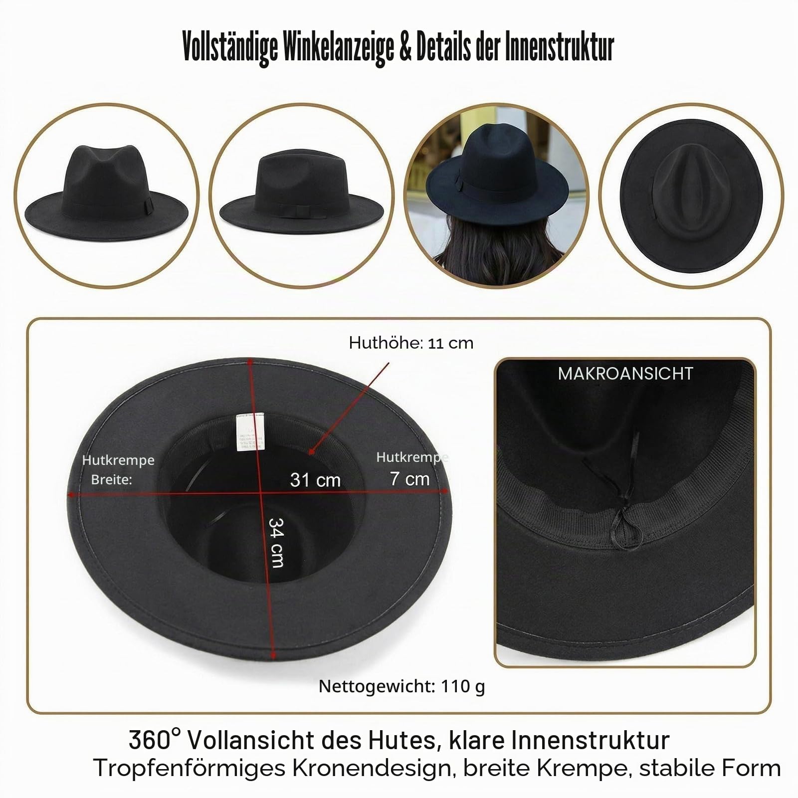 Zweifarbige Schwarze Breitband-Kirche Derby Knoten Strand Sonnenhut für Männer und Frauen 56-59cm Kopf umgeben (schwarz)
