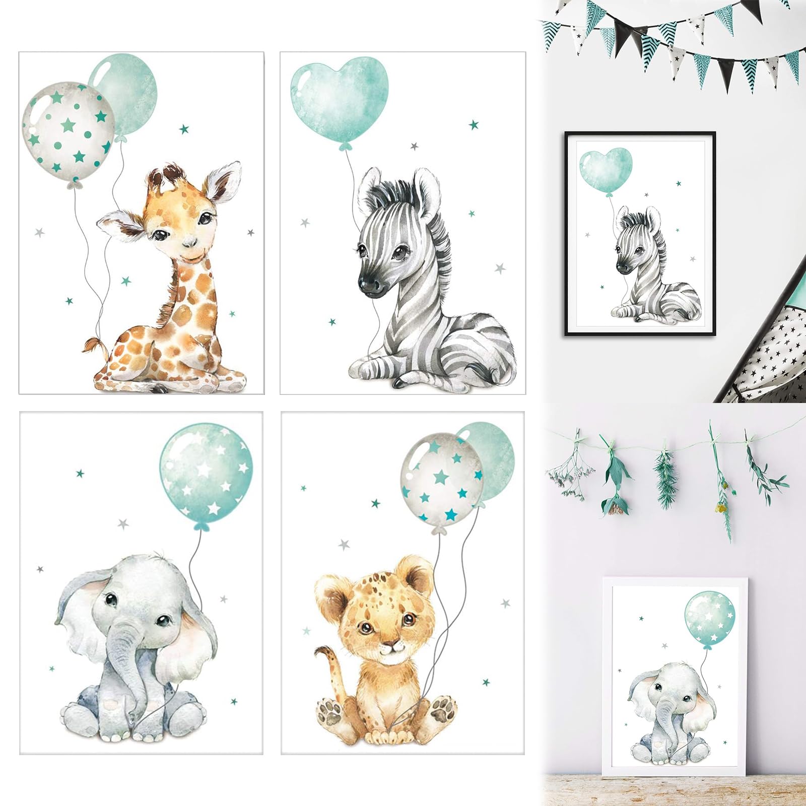 Imágenes para Bebé Habitación,4pcs Pósters para Decoración de Dormitorio,Decoracion para Cuarto Bebe,Cuadros Nombre Bebe Póster,Posters Sin Marco,Lienzo Animales Decoracion pared Dormitorio Regalo