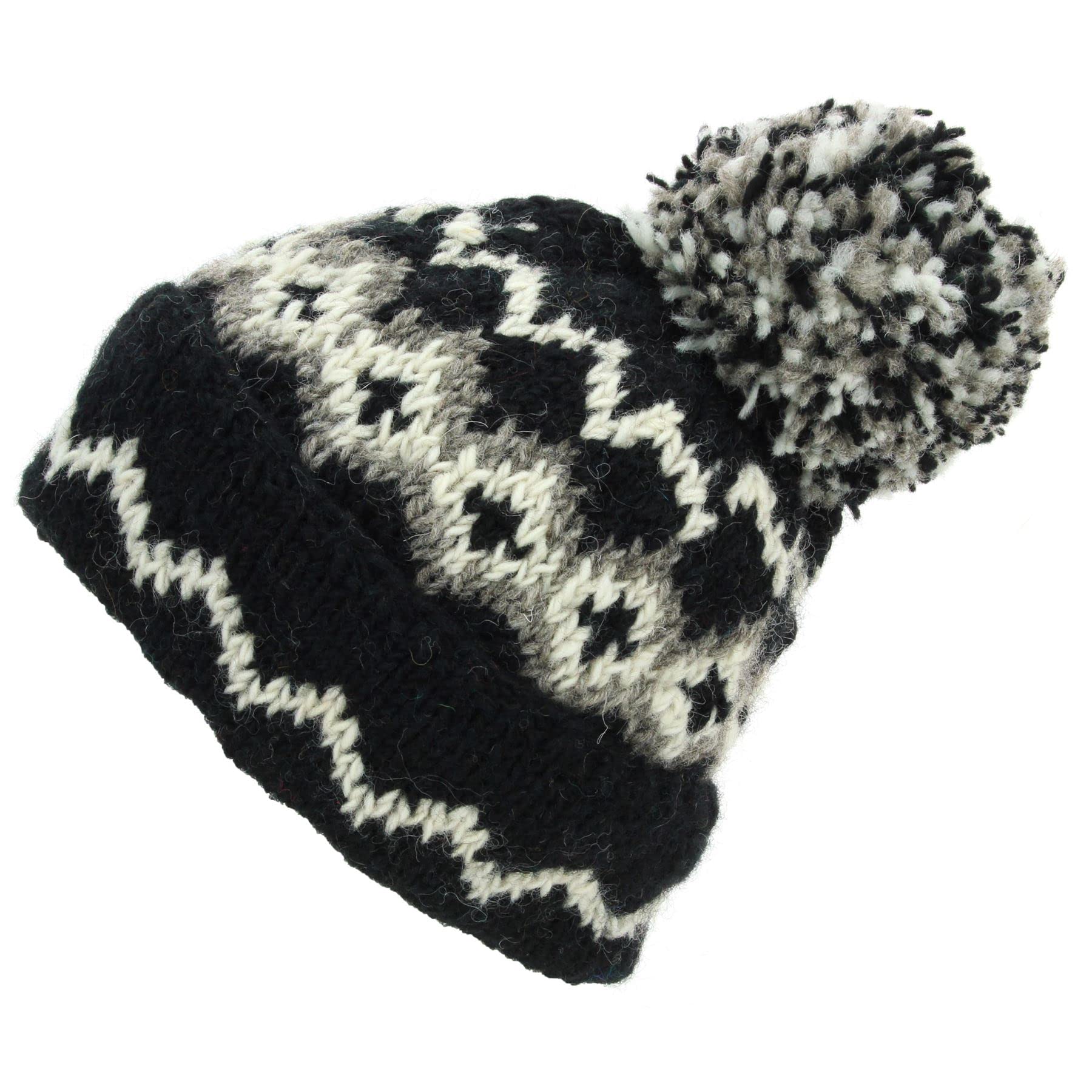 LOUDelephant Hand Knitted Wool Beanie Bobble Hat - Fairisle Black