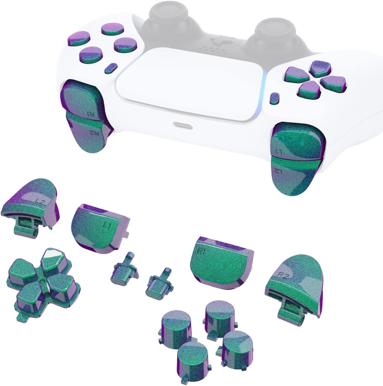 eXtremeRate Replacement D-pad R1 L1 R2 L2 Triggers Share Options Face Buttons, Chameleon Green Purple Full Set Buttons Compatible with ps5 Controller BDM-010 & BDM-020