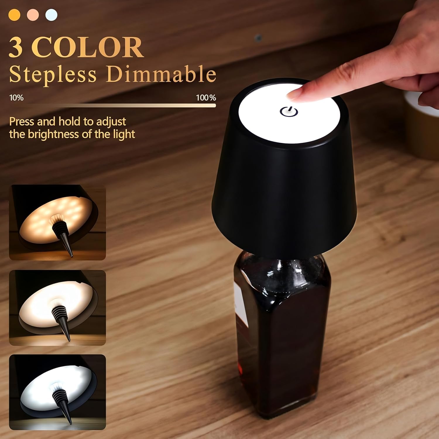 Radhav Mart Wireless Bottle Lamp Light Shade with 3 Color Temperature, Rechargeable Stepless Dimming LED Bottle Light for Any Bottle, Desk Lamp for Bedroom Restaurant Bar Livingroom Gift 1