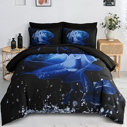 Miniatura 14 de Xruibed Juego de edredón floral tamaño King de 7 piezas en una bolsa, edredón de flores de rosa naranja con juego de sábanas de microfibra suave (1