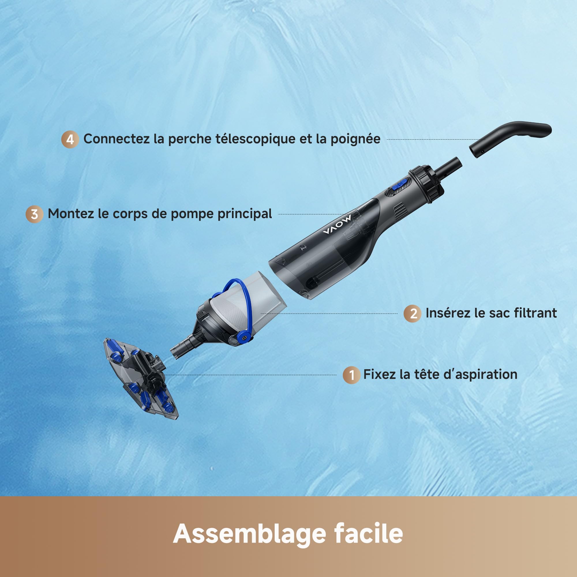 MOVA Handler V10 Aspirateur pour Tous Types de Piscine, Aspiration 4 200 L/h, tête Transparente, autonomie 60 Min, Perche télesc, 1,8 m et épuisette, Double Filtration, sans Fil, IPX8