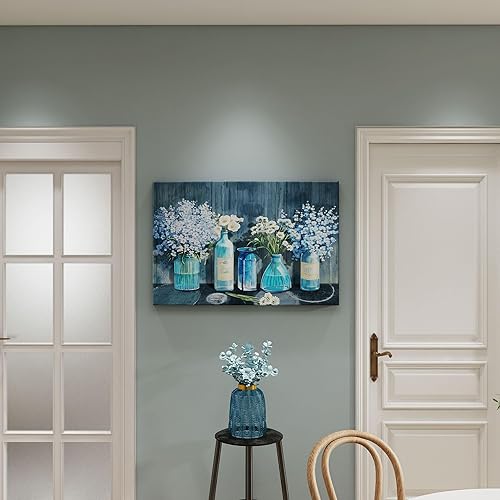 Miniatura 5 de HKDGOKA Lienzo decorativo de pared para dormitorio, flor blanca en botella azul, cuadros para sala de estar, galería moderna, lienzo estirado de 16