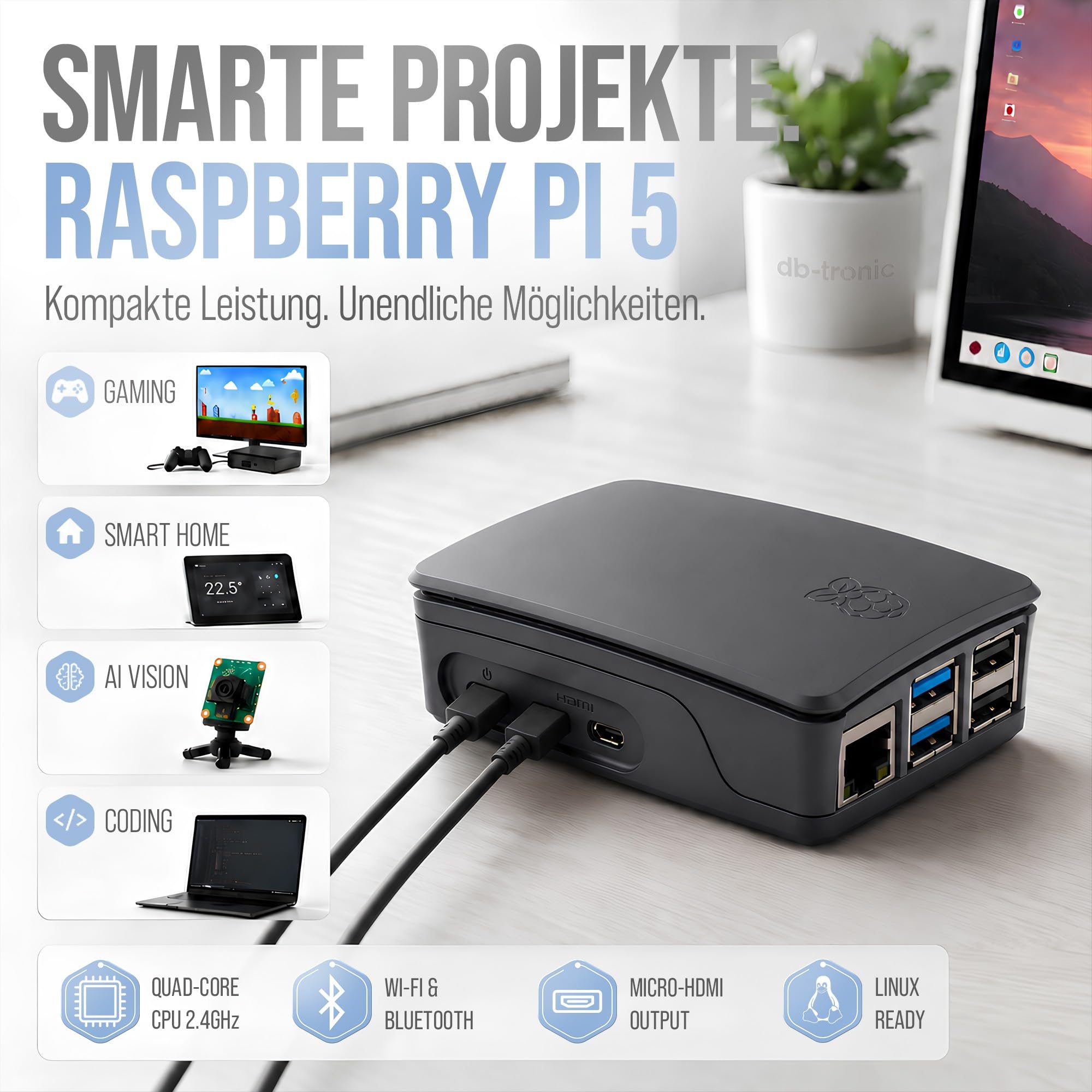 Raspberry Pi 5 8GB Starter Set 64GB Black Edition 27W Netzteil Gehäuse mit Lüfter 4K Micro HDMI Kabel