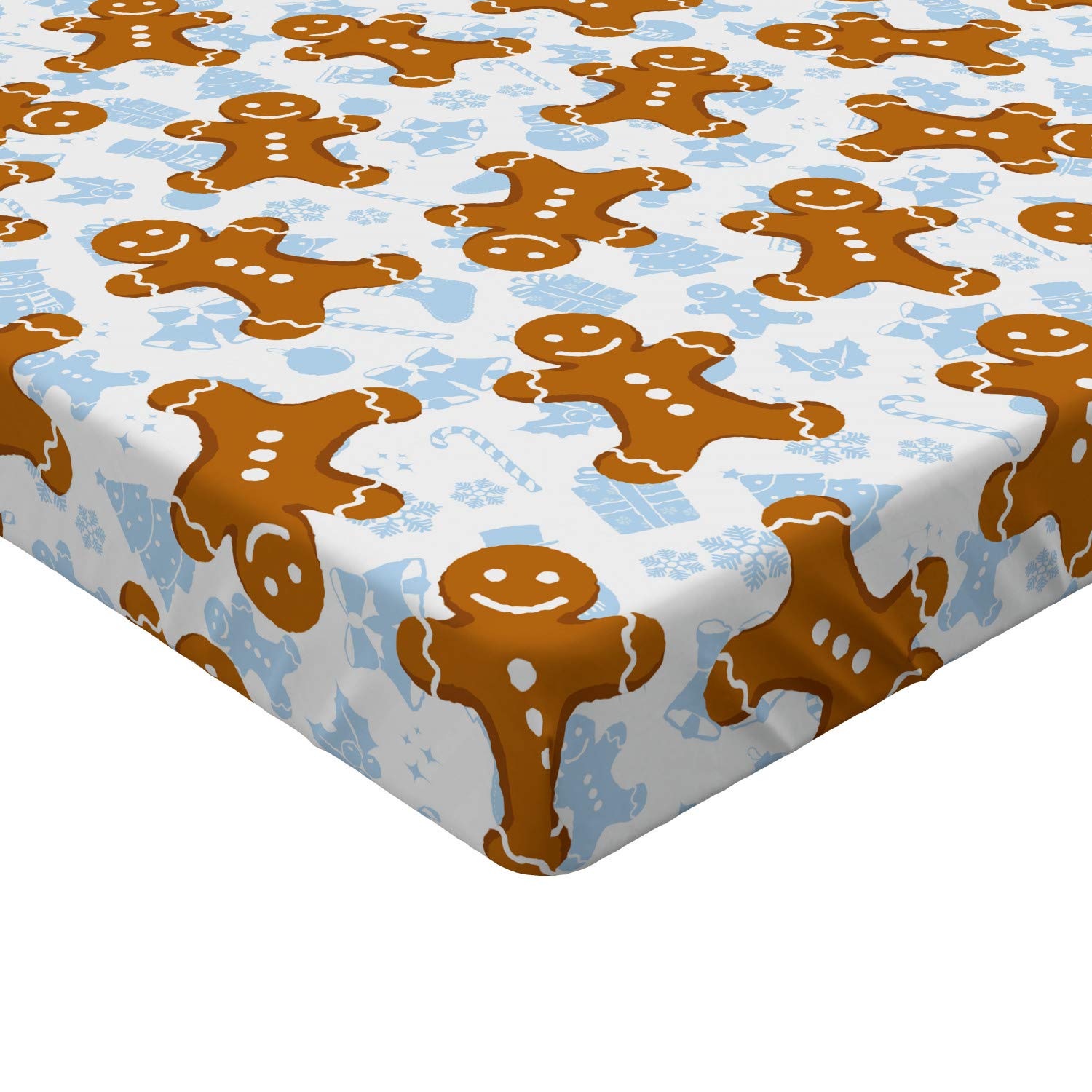 Ambesonne Gingerbread Man Fitted Sheet, Traditional Christmas Cookie Pattern Tile, Bed Cover with All-Round Elastic Deep Pocket for Comfort, Twin XL Size, Pale Caramel Pale Blue