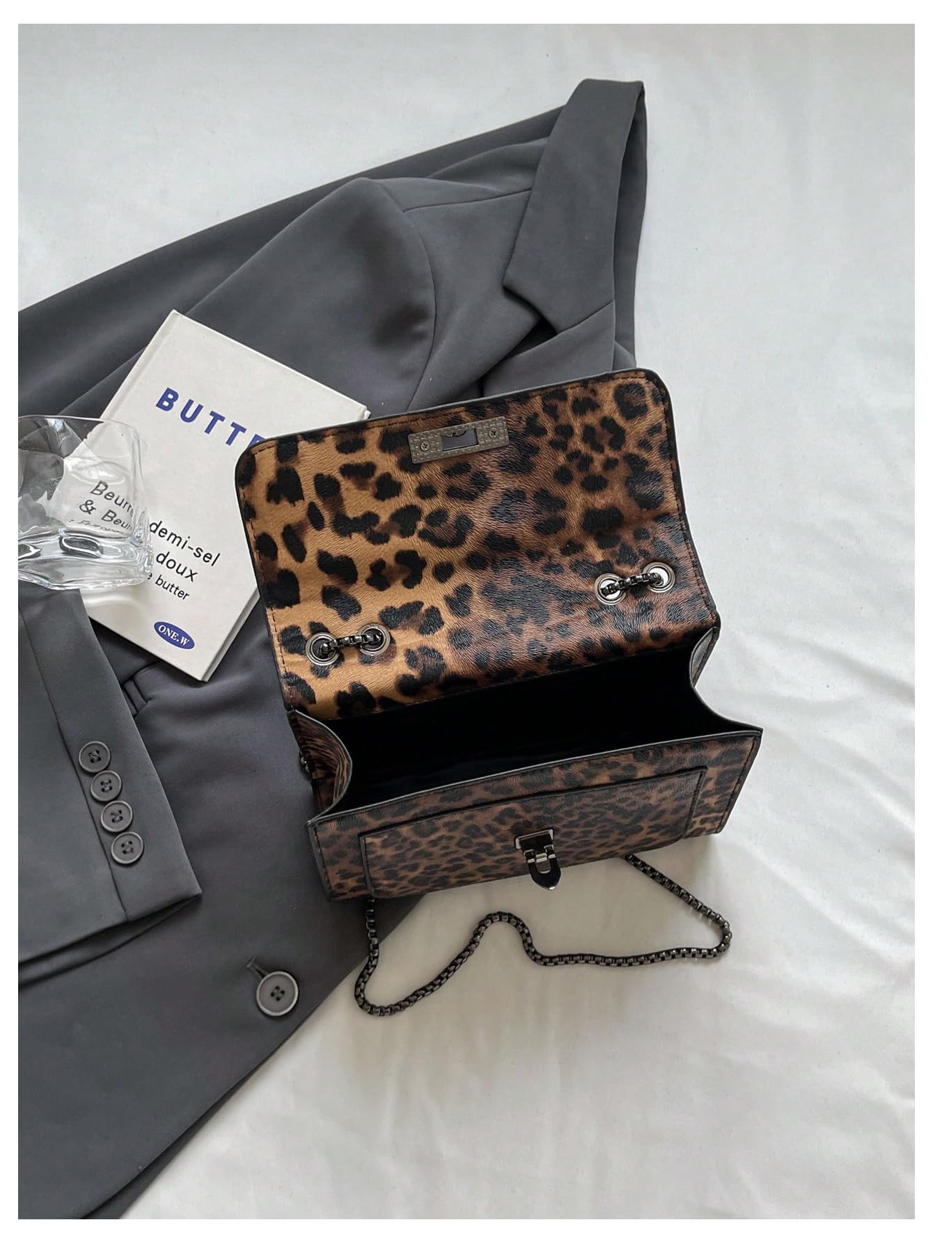 RoseSeek Bolso de mano de piel con estampado de leopardo y hebilla de metal para mujer