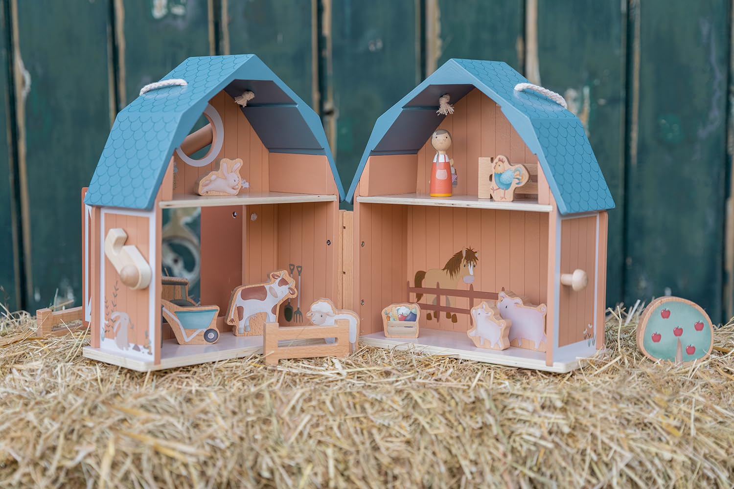 Little Dutch Bauernhof Puppenhaus aus Holz tragbar und aufklappbar mit viel Zubehör und Spielfiguren Tiere - Little Farm