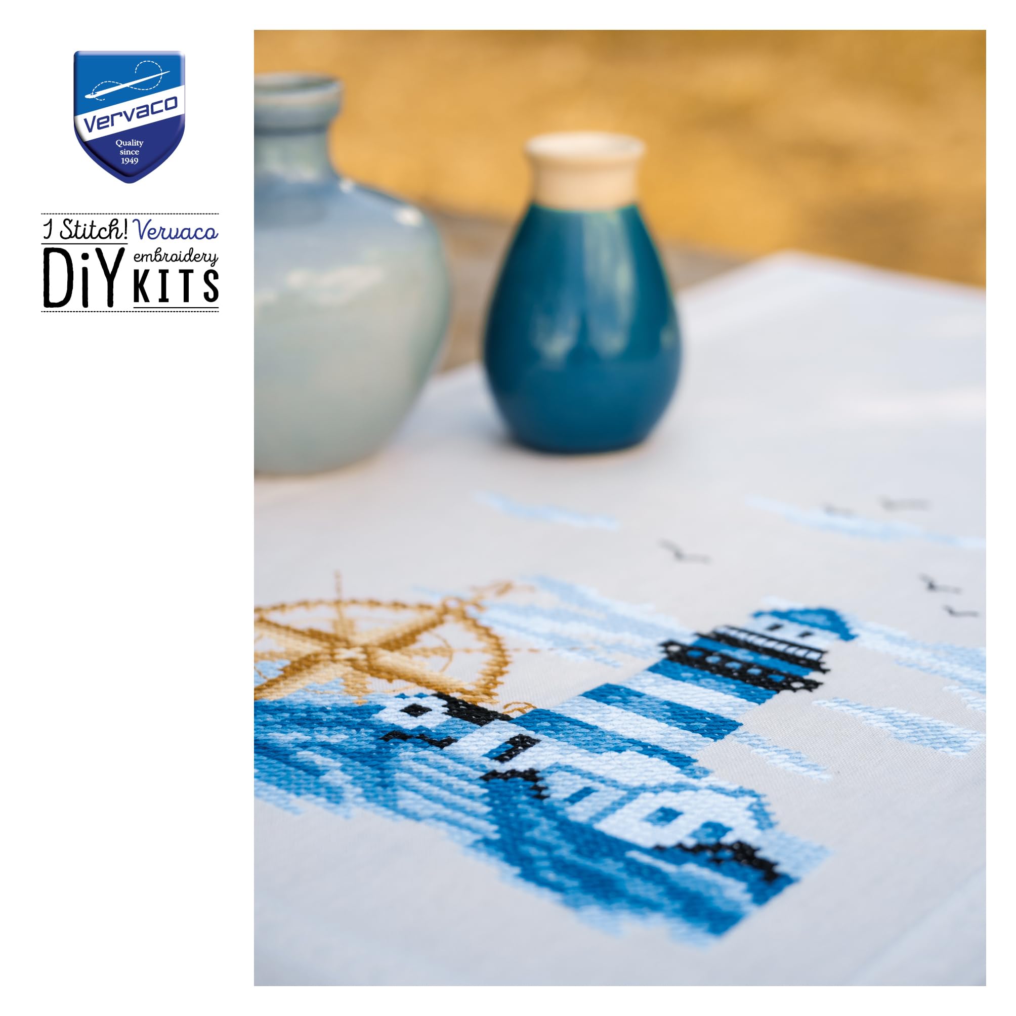 VERVACO Kit Point De Croix Pré-Imprimé Chemin De Table MARINE Broderie Kit Complet Adulte Loisir Créatif Maison Decoration Manuelle Table Cadeou DIY ca. 40 x 100 cm Cross Stitch Embroidery