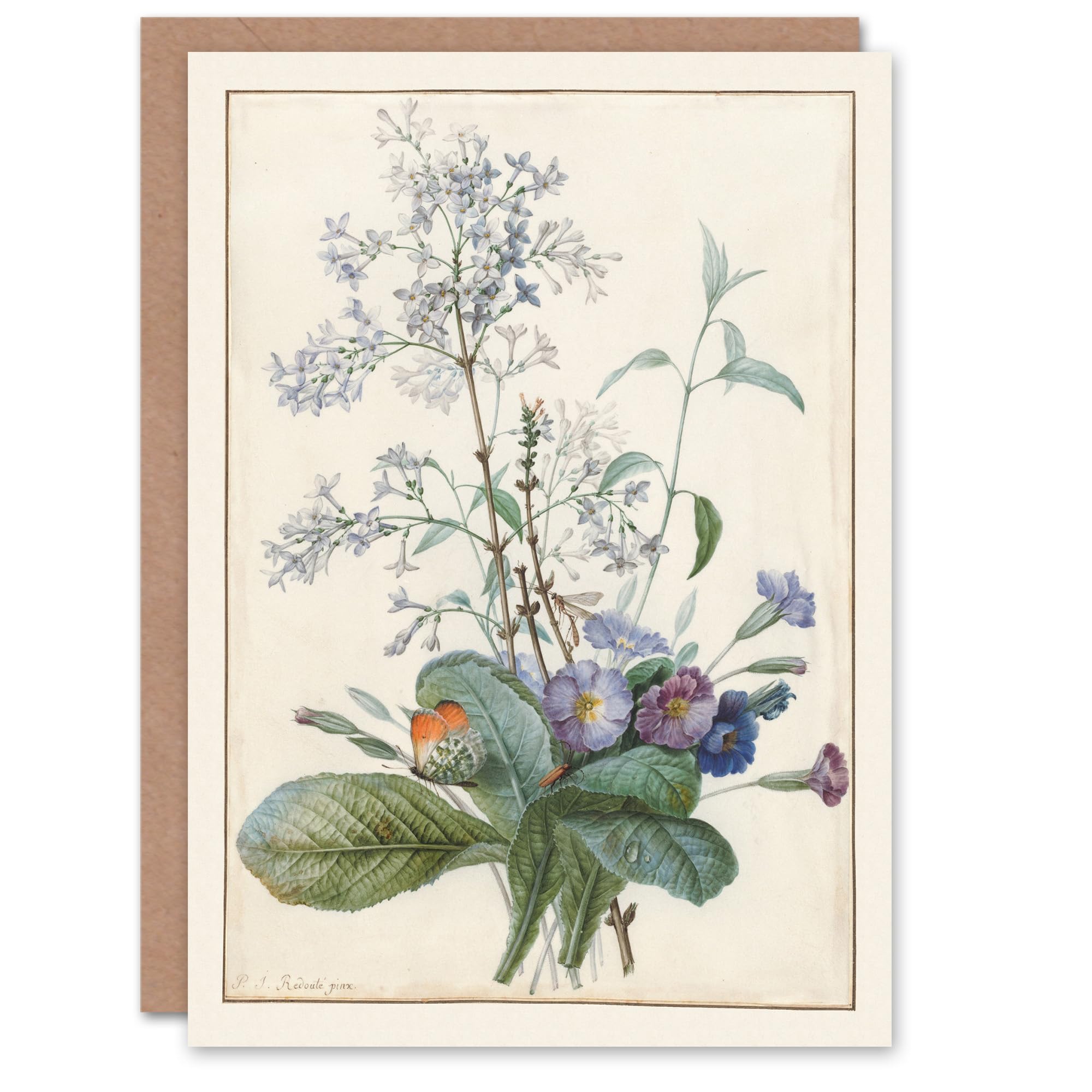 Artery8 Pierre-Joseph Redouté Art Card Bouquet of Flowers with Insects