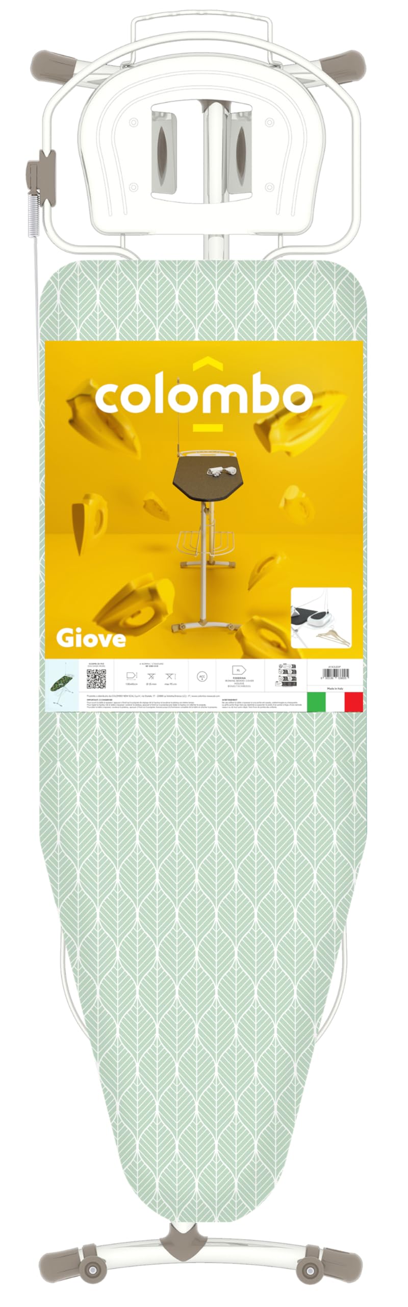 Colombo | Asse da Stiro Giove 130x44cm con Porta Caldaia e Guida Filo Ferro | Tavola da Stiro con Prolunga Elettrica e Griglia Porta Biancheria | Altezza Regolabile max 95cm | Made in Italy