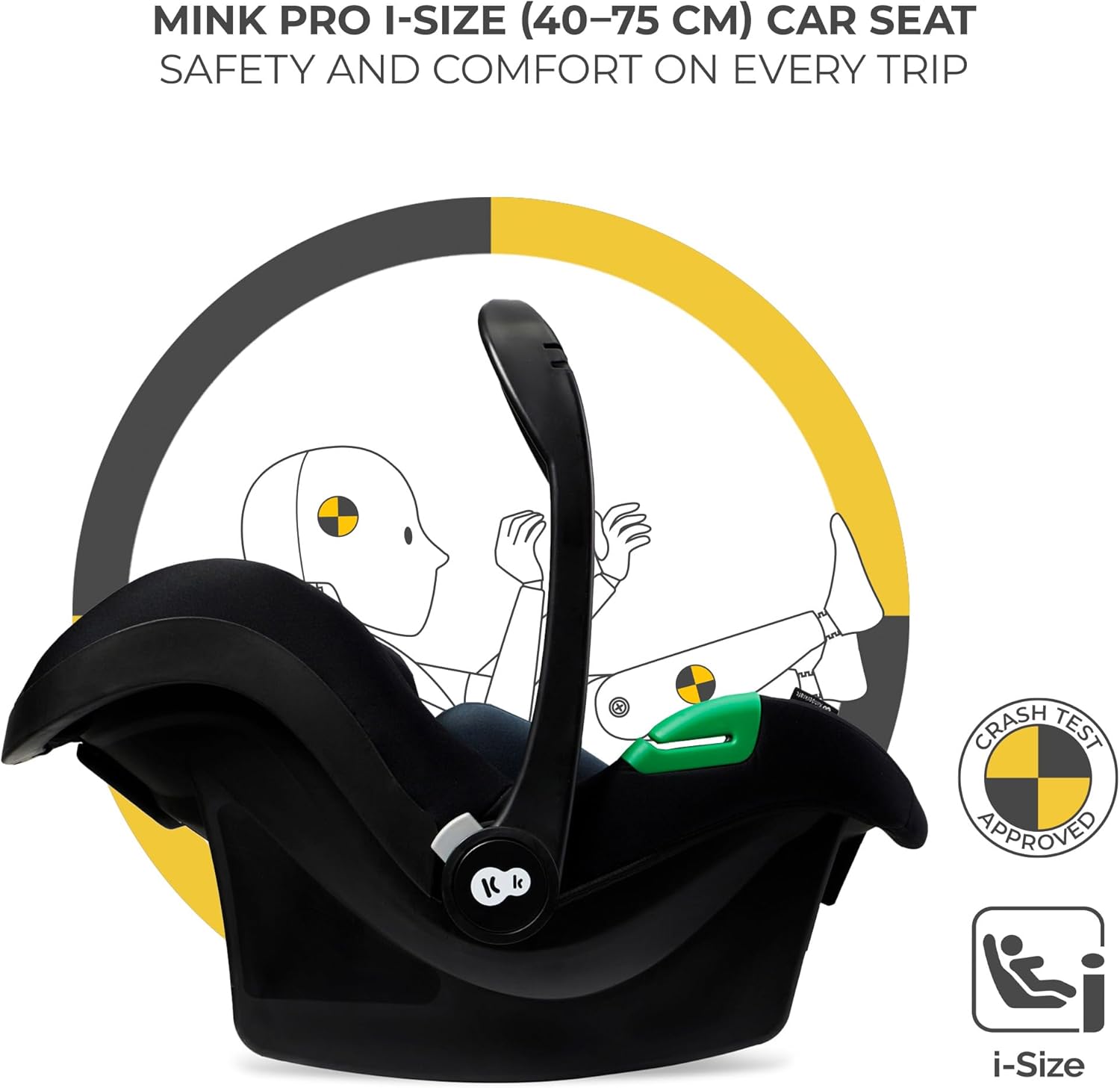 Detallada view of the MINK PRO I-SIZE car seat, highlighting its safety features and i-Size compliance.