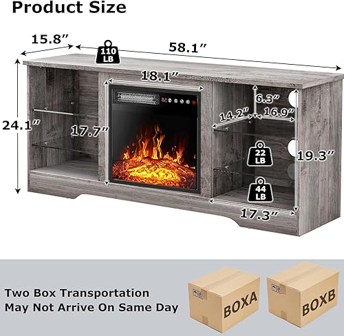 Miniatura 7 de PUKAMI Soporte de TV con chimenea de 18 pulgadas para sala de estar, centro de entretenimiento de 58 pulgadas con luces para patas, armario moderno