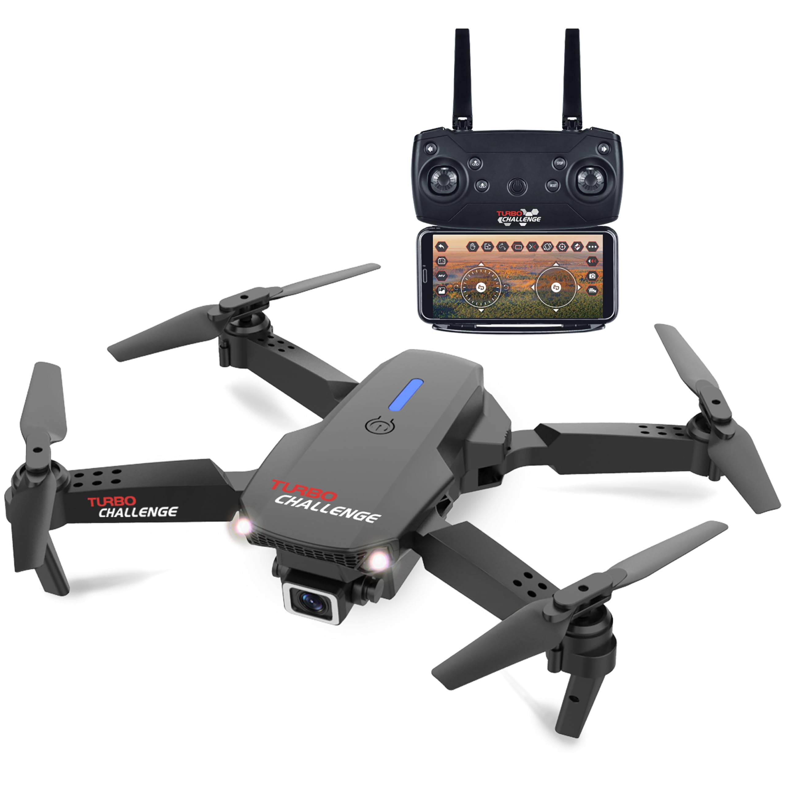 TURBO CHALLENGE - Drone - Cuadricóptero - 400350 - Dispositivo Volador - Negro - 2 Baterías Recargables y Pilas Incluidas - Regalo - Cumpleaños - Video - Foto - Controlado por Radio - Desde 14 años