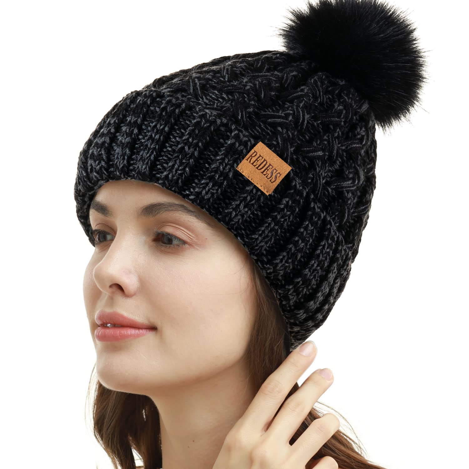 REDESS Cappello Invernale da Donna con Pompon con Pompon Cappelli Caldi Foderati in Pile, Berretto Incrociato in Maglia di Neve Spessa e Morbida per Le Signore