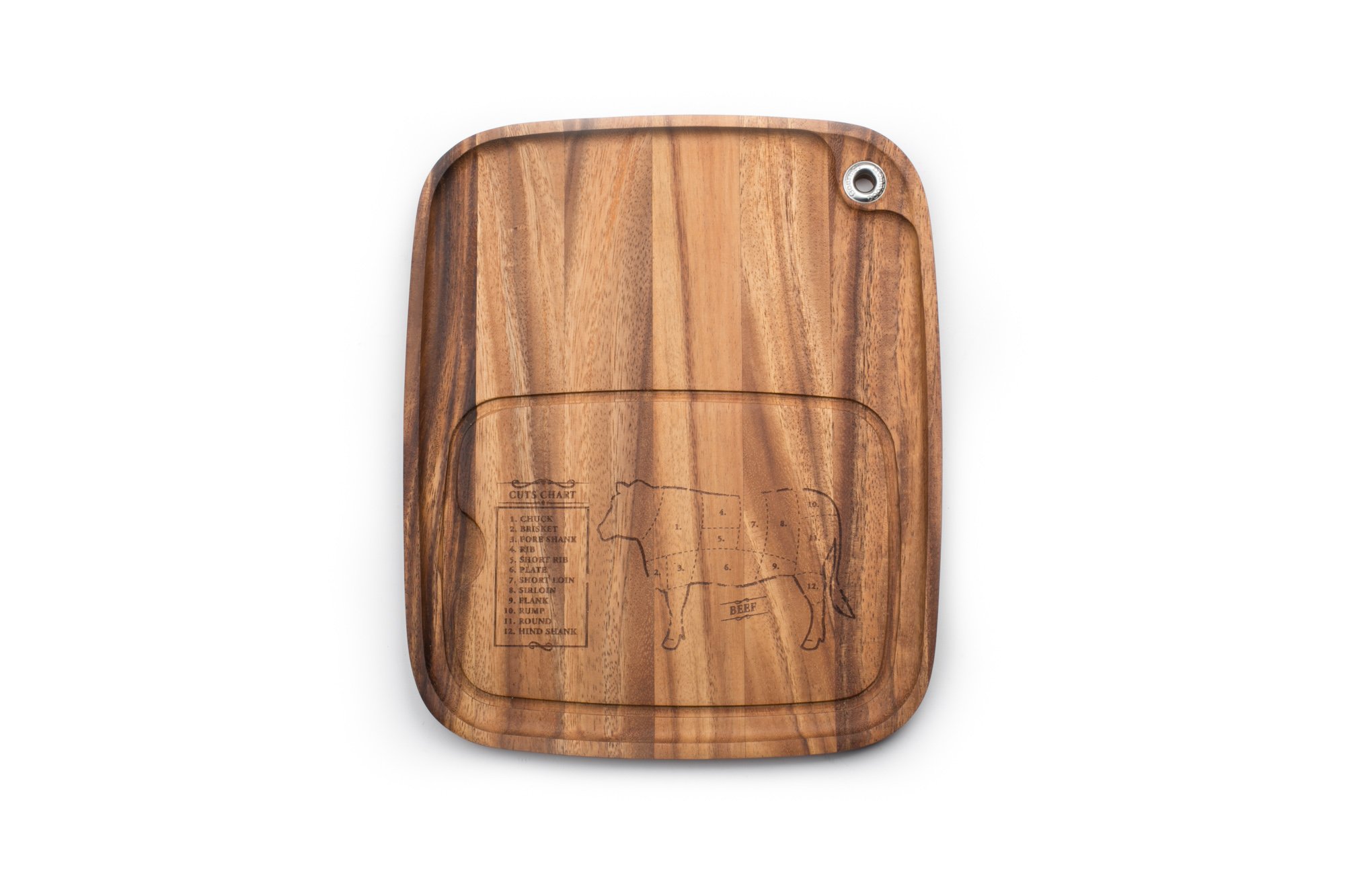 Ironwood Gourmet 28101E333 Steak Barbecue Plate with Juice Channel, Acacia Wood with Cow Design, 13 x 10.75 inches