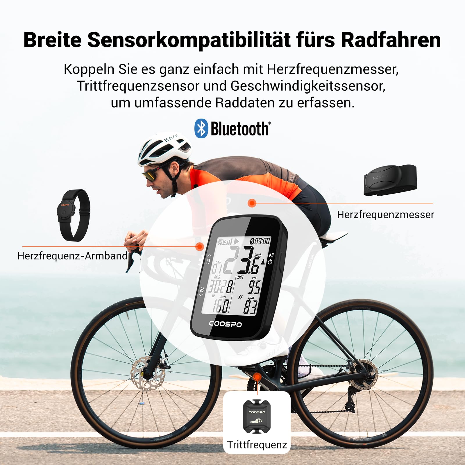 COOSPO BC26 GPS Fahrradcomputer Bluetooth 5.0 Wireless Fahrradcomputer Wasserdicht GPS Tachometer 2,3 Zoll Bildschirm mit automatischer Hintergrundbeleuchtung