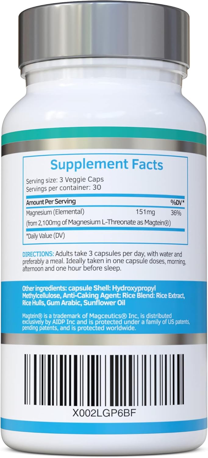 Magtein Magnesium L-Threonate - 2100mg Daily Dose - 30 Day Supply - No Artificial Fillers, Binders or Flow Agents - Suitable for Vegans - Magnesium for Memory, Focus & Cognition - Made in The USA