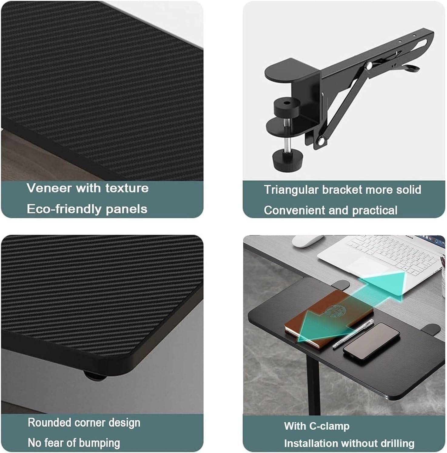 拡張可能なデスク拡張トレイ - ブラックウォールナット＆メープル 55～75 cm クランプオンキーボードシェルフ、折りたたみ式シェ