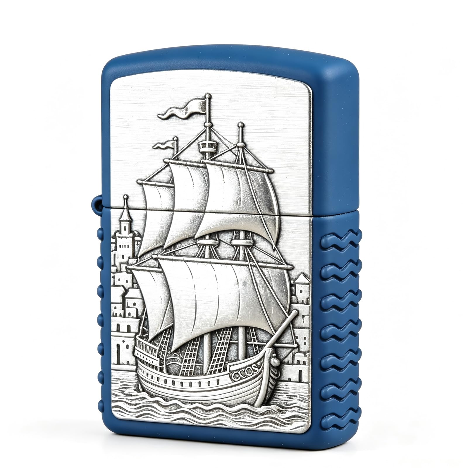Vintage Sailboat Carved Flip Top Kerosene Lighter Reusable Windproof Wheel Grinding Pocket Lighter for Camping Hiking (C)