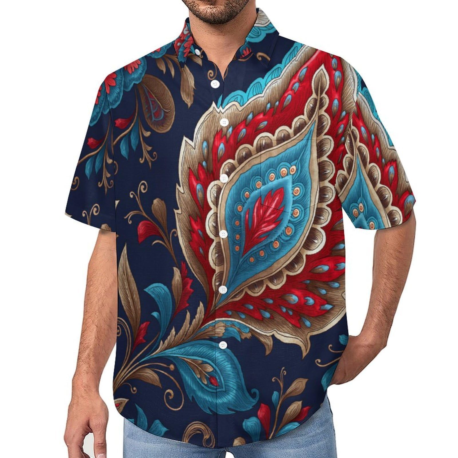 Camicia Casual da Uomo, Motivo Paisley Stampa Maglietta Estiva a Maniche Corte Stile Etnico Tradizionale Casual Button Down Hawaiani Camicie Risvolto Spiaggia Top