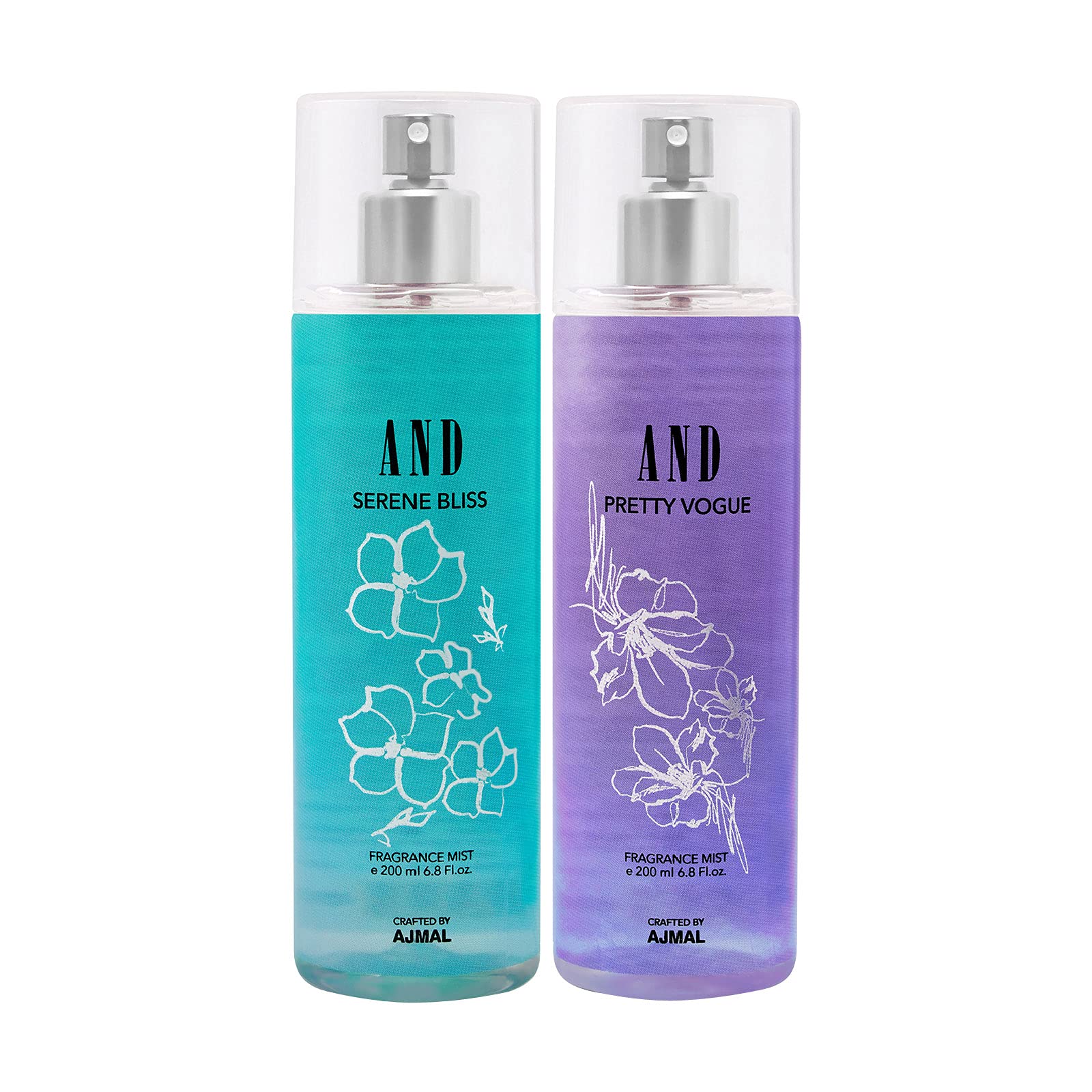AND Serene Bliss & Pretty Vogue Pack Of 2 Body Mist 200Ml Each Long Lasting Scent Woody Spray Gift For Women Perfume Crafted By Ajmal