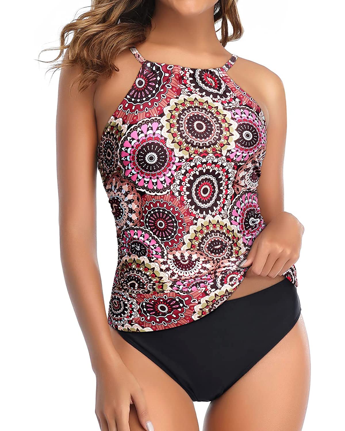 Two Piece Tankini Swimsuit for Women High Neck Ruched Tummy Control Top with Bottom Bathing Suits, Brown Floral, X-Large-image-12