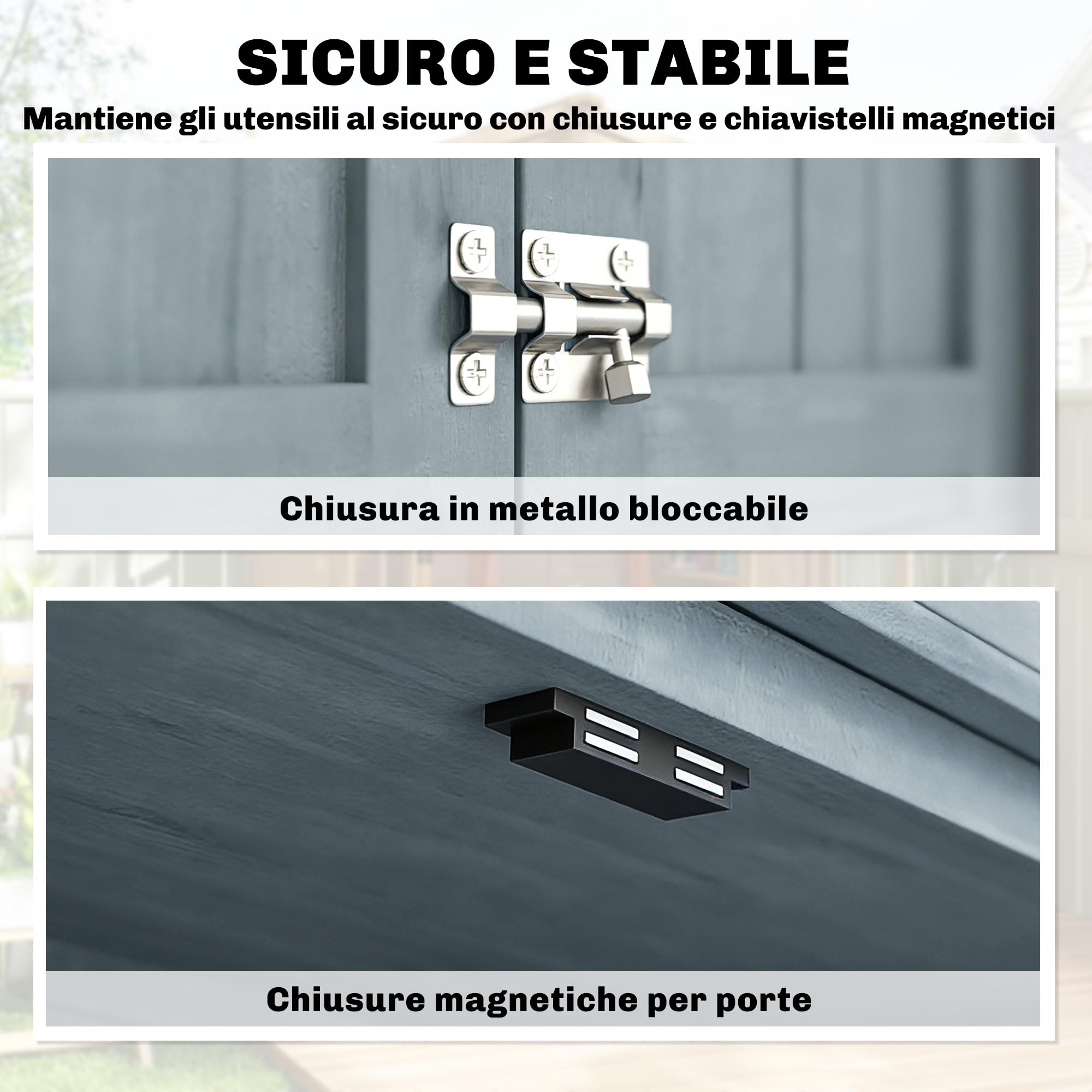 Outsunny Armadio da Giardino in Legno di Abete con Kit Antiribaltamento, Casetta Porta Attrezzi da Esterno con 2 Ante Bloccabili, 2 Ripiani, 10 Ganci, Tetto Inclinato Asfalto, 85x54x170 cm, Grigio