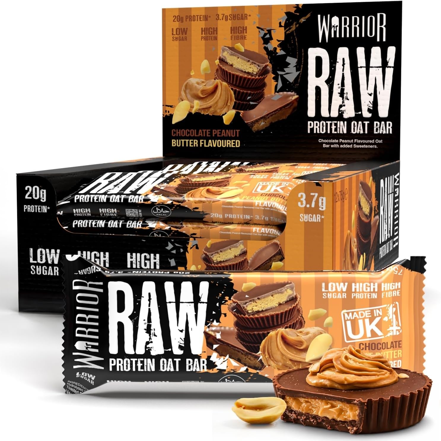 – Warrior RAW Protein Bars 12 x 75g – 20g High Protein Bar, Low Sugar High Fibre Oat Protein Flapjack – Protein Snacks, Meal Replacement Bars (Chocolate Peanut)