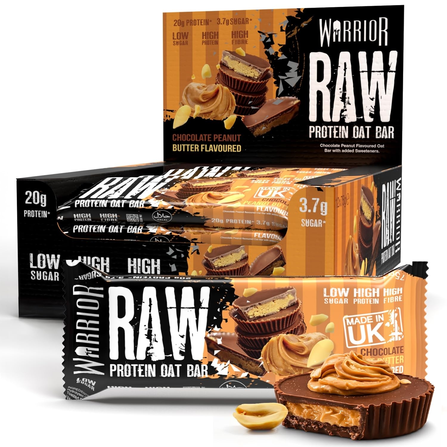 Warrior RAW Protein Bars 12 x 75g – 20g High Protein Bar, Low Sugar High Fibre Oat Protein Flapjack – Protein Snacks, Meal Replacement Bars (Chocolate Peanut)