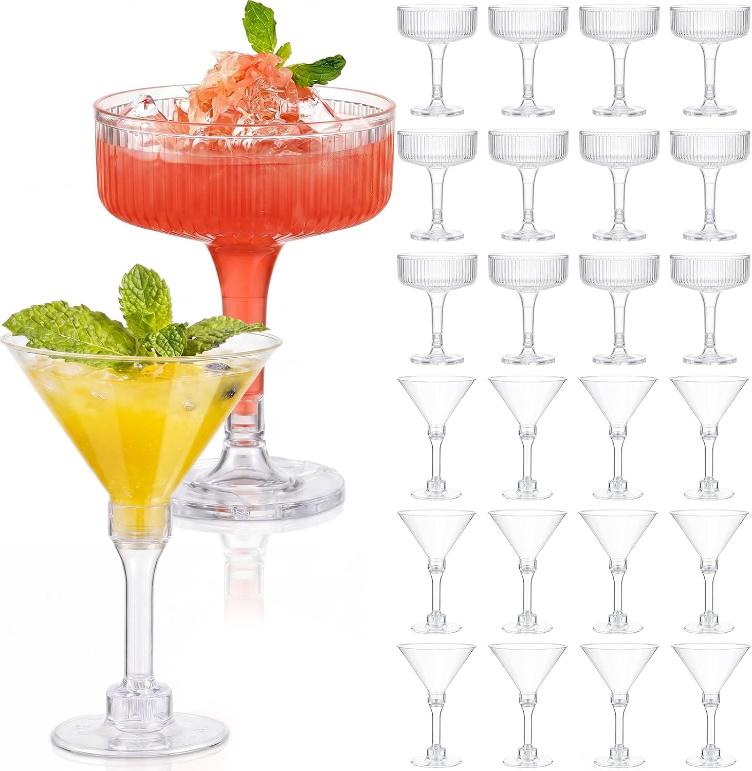 Lounsweer Set of 24 Plastic Champagne Coupe, Including 12 Pcs 10 oz Champagne Tower Glasses and 12 Pcs 5 oz Martini Glasses Plastic, Stackable Ribbed Coupe Cocktail Cups for Wedding Birthday Party