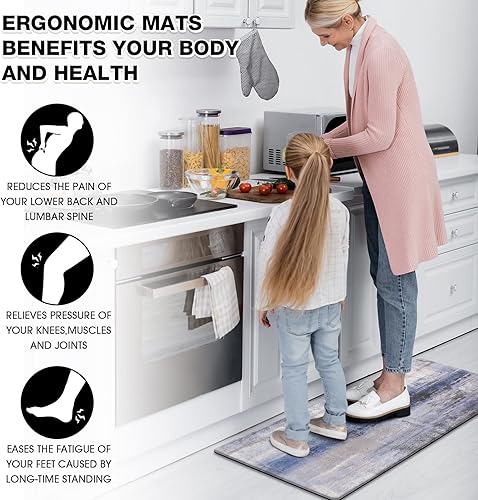 Miniatura 6 de MAYHMYO Tapete de cocina azul, tapete de cocina antifatiga, acolchado, antideslizante, impermeable, tapete de cocina de espuma viscoelástica, tapete