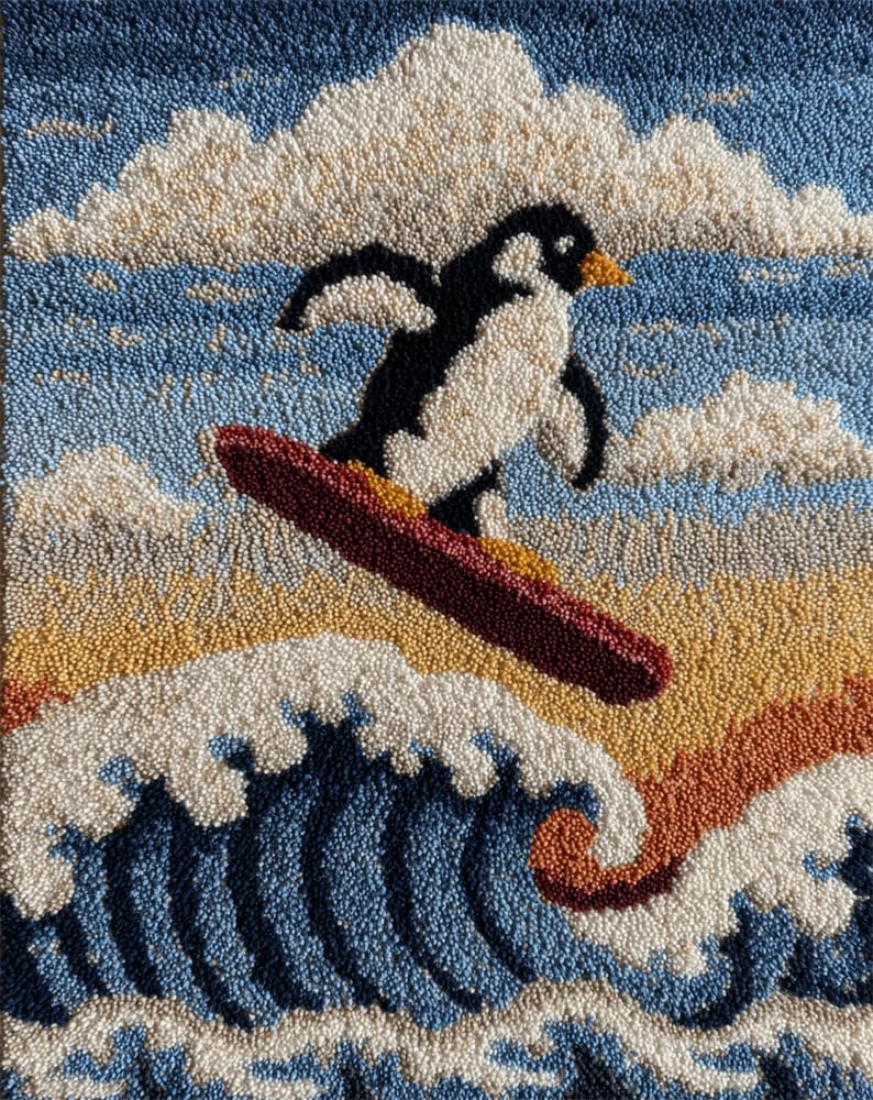 Taxpy Latch Hook Kits for Adults Skiing Penguin 15X20In/52X38Cm DIY Latch Hook Rug Kit, Home Carpet Rug Making Kit, Cross Stitch Embroidery Kits Needlework Crafts Rug for Home Decor