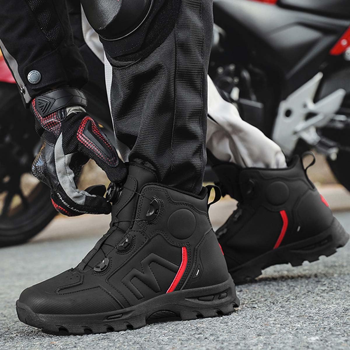 Stivali da Moto in Pelle per Uomo Scarpa da Motocicletta | Protezione Caviglia, Resistenti agli Urti, Chiusura Rapida, Impermeabile, Pista e Strada