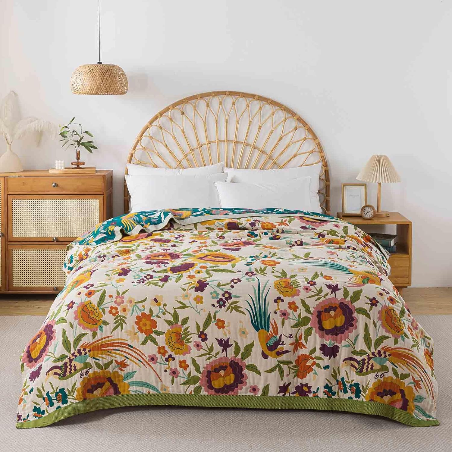 Qidordour Boho Throw Blanket, 60"x80" Muslin Blankets for Adult, 100% Organic Cotton Blanket for Couch Sofa, Lightweight Quilt, All Season Bed Throw, Farmhouse Home Decor, C-Phoenix Floral