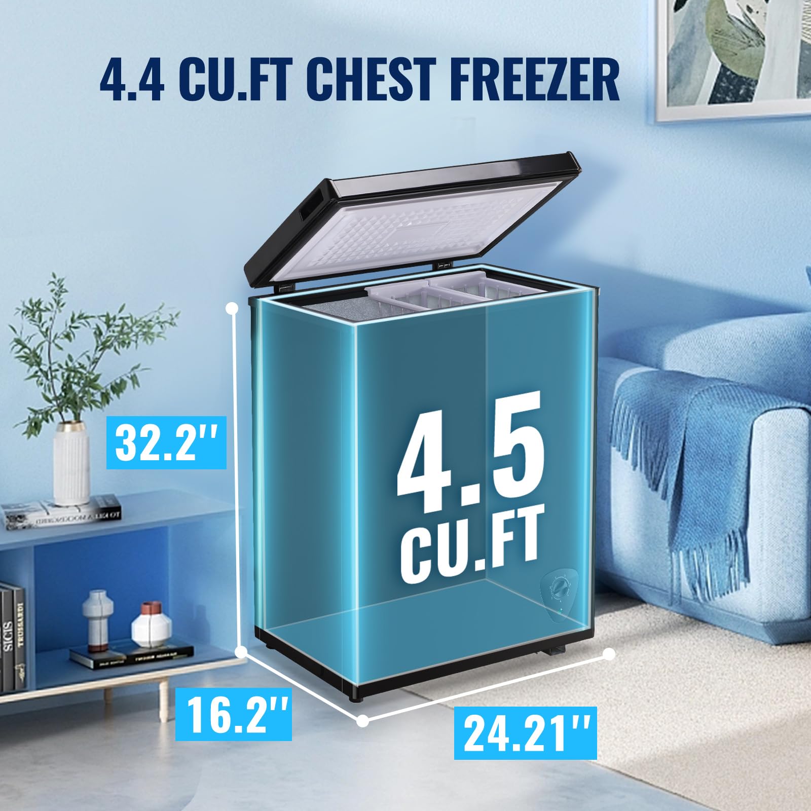 Tacool 4.5 Cu.Ft Chest Freezr With Wheels Deep Freezer For Bulk Storage Top Open Door 2 Removable Baskets 7 Modes Temperature For Home Apartment Kitchen Black on Fridge.com - View 4