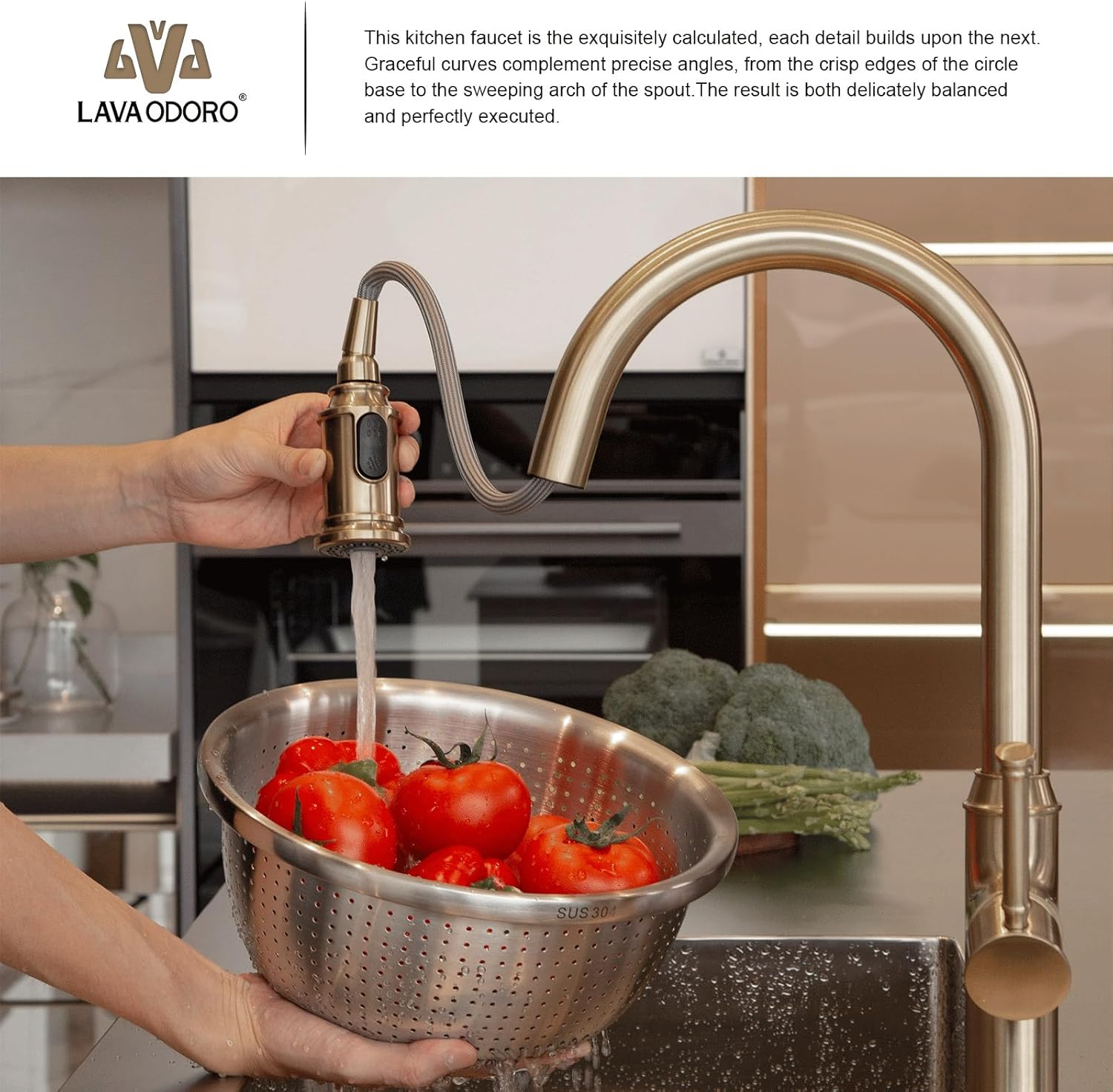 Lava Odoro Curtura Champagne Gold Kitchen Faucet with Pull Down Sprayer, Single Handle Kitchen Sink Faucet with 3-Function Magnetic Sprayer for Sink 1 or 3 Hole, 1.8 GPM, KF421-CB-M - Image 3