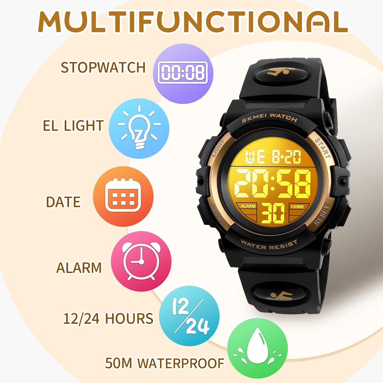 Dayllon Kids Digital Watch Boys Outdoor Sports 50M Waterproof Girls Watches Alarm Clock 12/24 H Stopwatch Calendar for Ages 3-15 Boy Girl Wristwatch Kids Gift,Gold XS