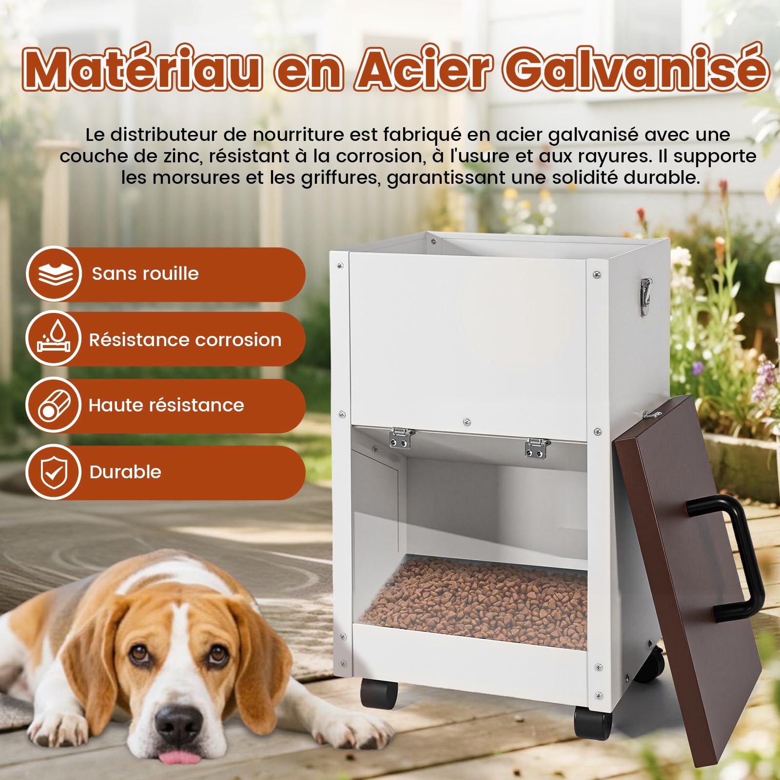 Nourriture automatique galvanisée pour chien de grande race 30 lbs Distributeur de nourriture pour chien avec roues pour grands chiens en métal Gravity Feeder extra large auto-alimentation (blanc