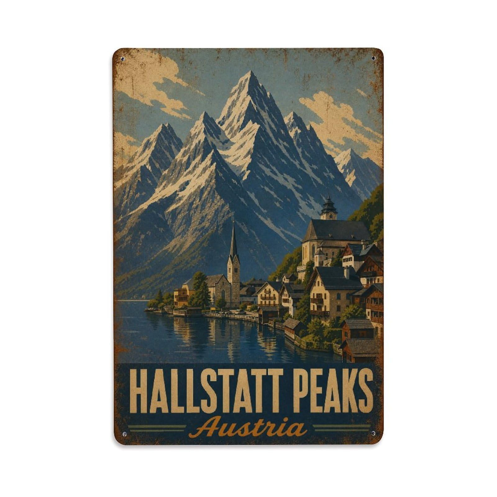 Gead 8X12inch Style Vintage Travel Hallstatt Austria Peaks Metal Tin Sign