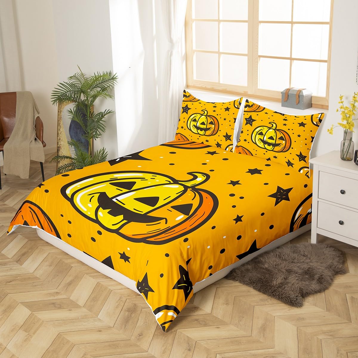 Cartoon Pumpink Yellow Duvet Cover Full,Hand Drawn Hallowenn Pumpinks Stars Dots Comforter Cover for Teens Youth,Cartoon Kids Halloween Bedroom Gifts All Season Super Soft Bedding (Not Comforter)