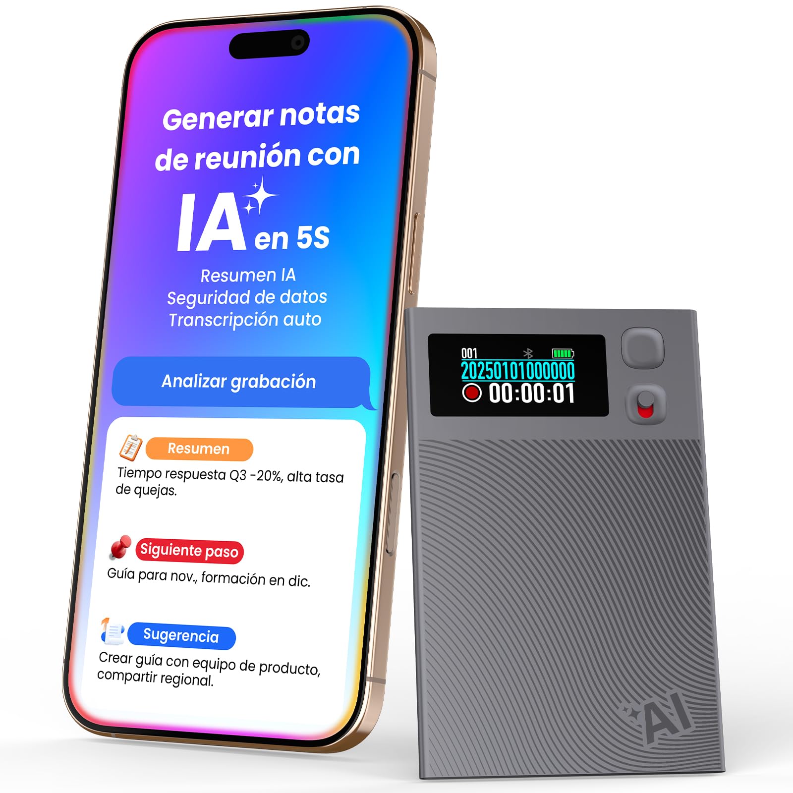 Grabadora de voz NEWYES Ailog IA con aplicación dedicada,transcripción y resumen,traducción a más de 188 idiomas, 64 GB de memoria para reuniones,conferencias, llamadas,negocios y clases