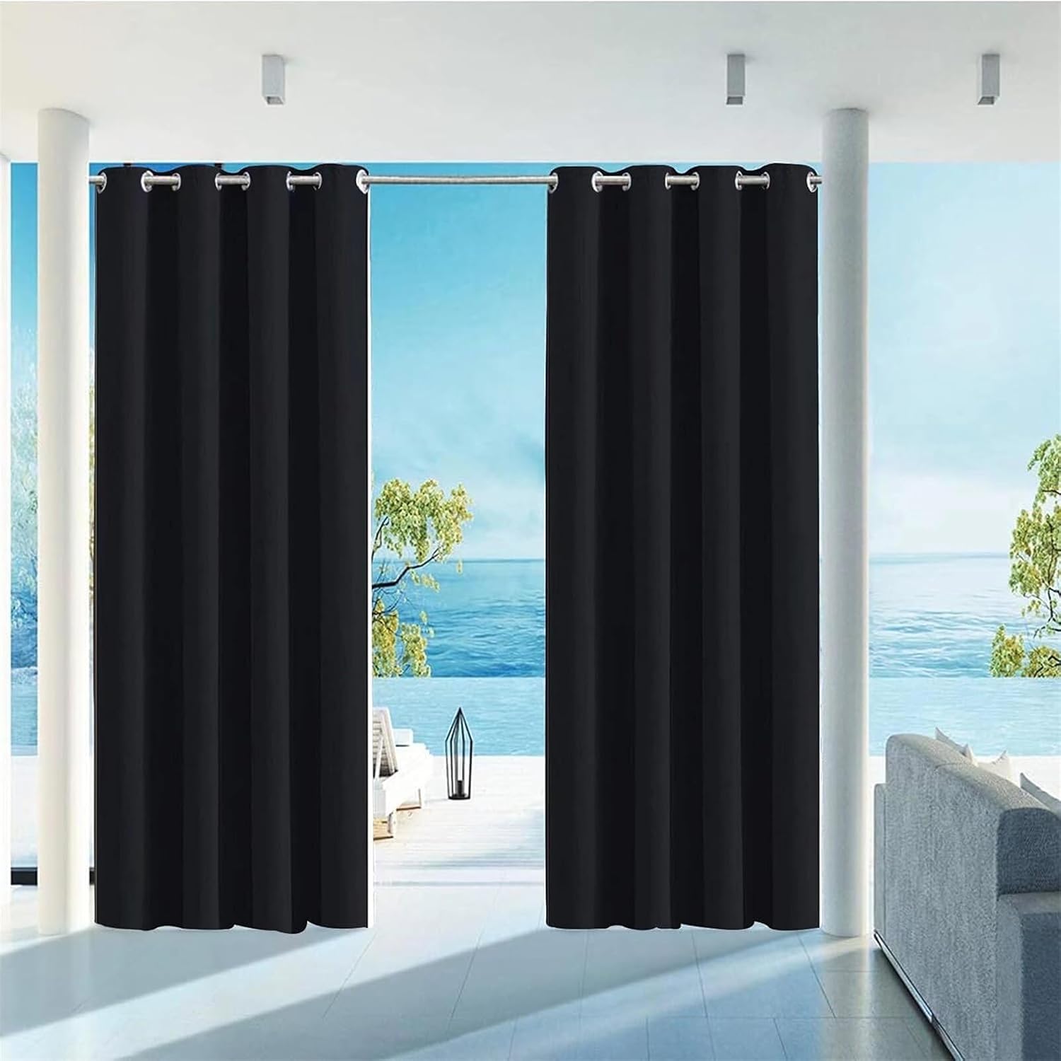 Outdoor Curtains for Patio Waterproof, Weighted Windproof Blackout Privacy Weatherproof Grommet Outside Curtains for Pergola Porch Gazebo Deck, Black,1 PCS,105 * 126inch（W*H）