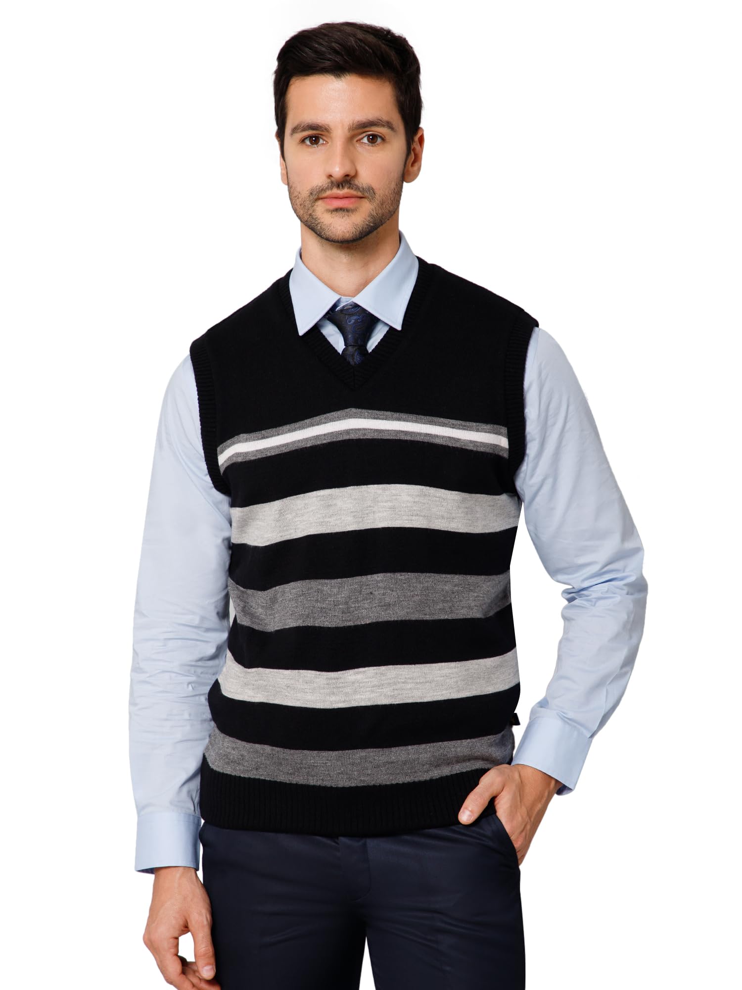 Striped V Neck Sleeveless Regular Fit Men Black Reversible Casual Sweater | Casual Winter Sweater for Men | Mens Sweater for Winter Wear (P_MSWT00089_Black)