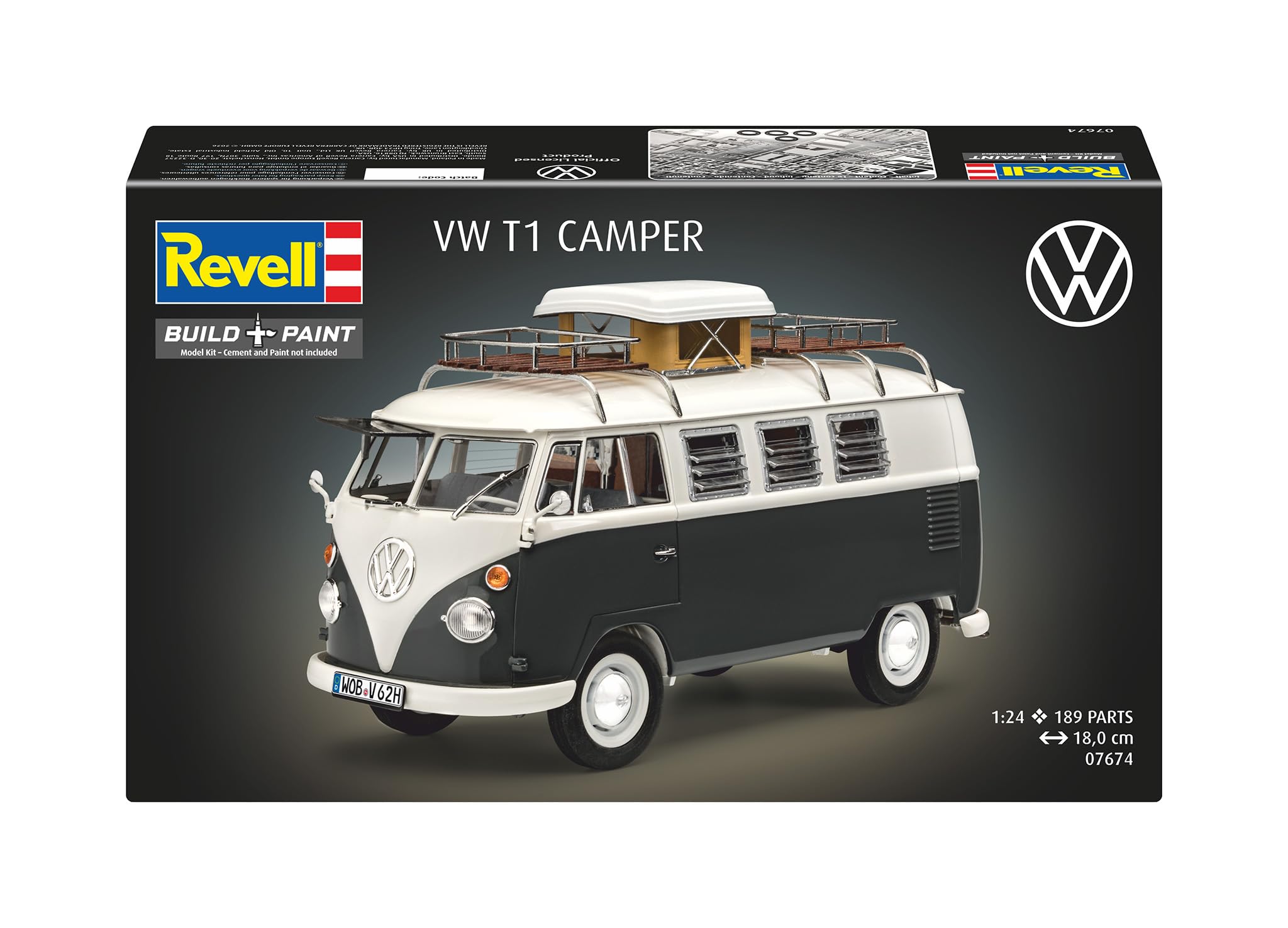 Revell 07674 Volkswagen VW T1 Bulli Camper, autobus kempingowy do samodzielnego montażu 1:24, 18 cm, oryginalny zestaw modelarski dla ekspertów, nielakierowany
