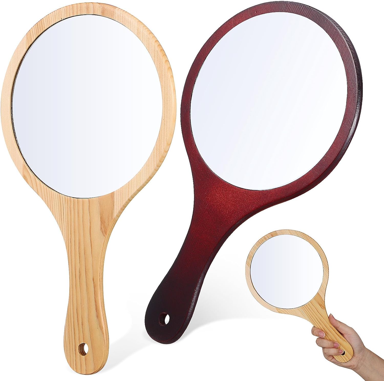 BETOOKY 2pcs Large Handheld Makeup Mirror with Wooden Handle, Portable Hand Mirror for Travel and Vanity, Natural Wood Frame, Salon and Personal Care Accessory