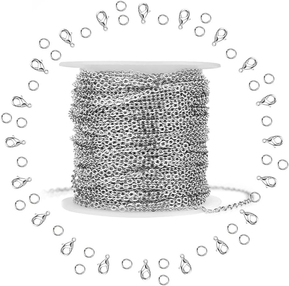 WXJ13 Silver Stainless Steel Cable Chain Brand 11m 36FT Jewelry Making Chains with 20 Lobster Clasps and 30 Jump Rings for Pendant Necklace DIY Making 1.5mm