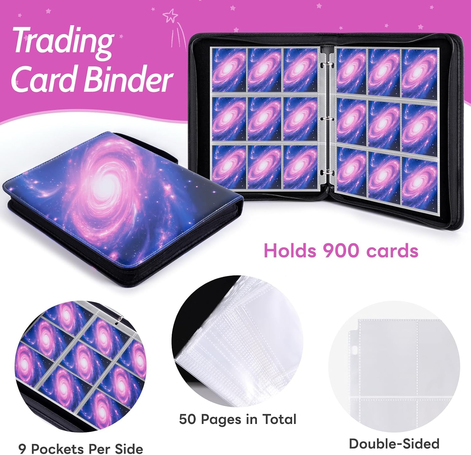 Xixter 9 Pocket Card Binder with Zipper, Pu Trading Card Binder, Holds 900 Cards, Includes 50 Double-Sided Removable Cards Sleeves, Fit for Collection, Mtg, Tcg, and Sports (Pink Purple)