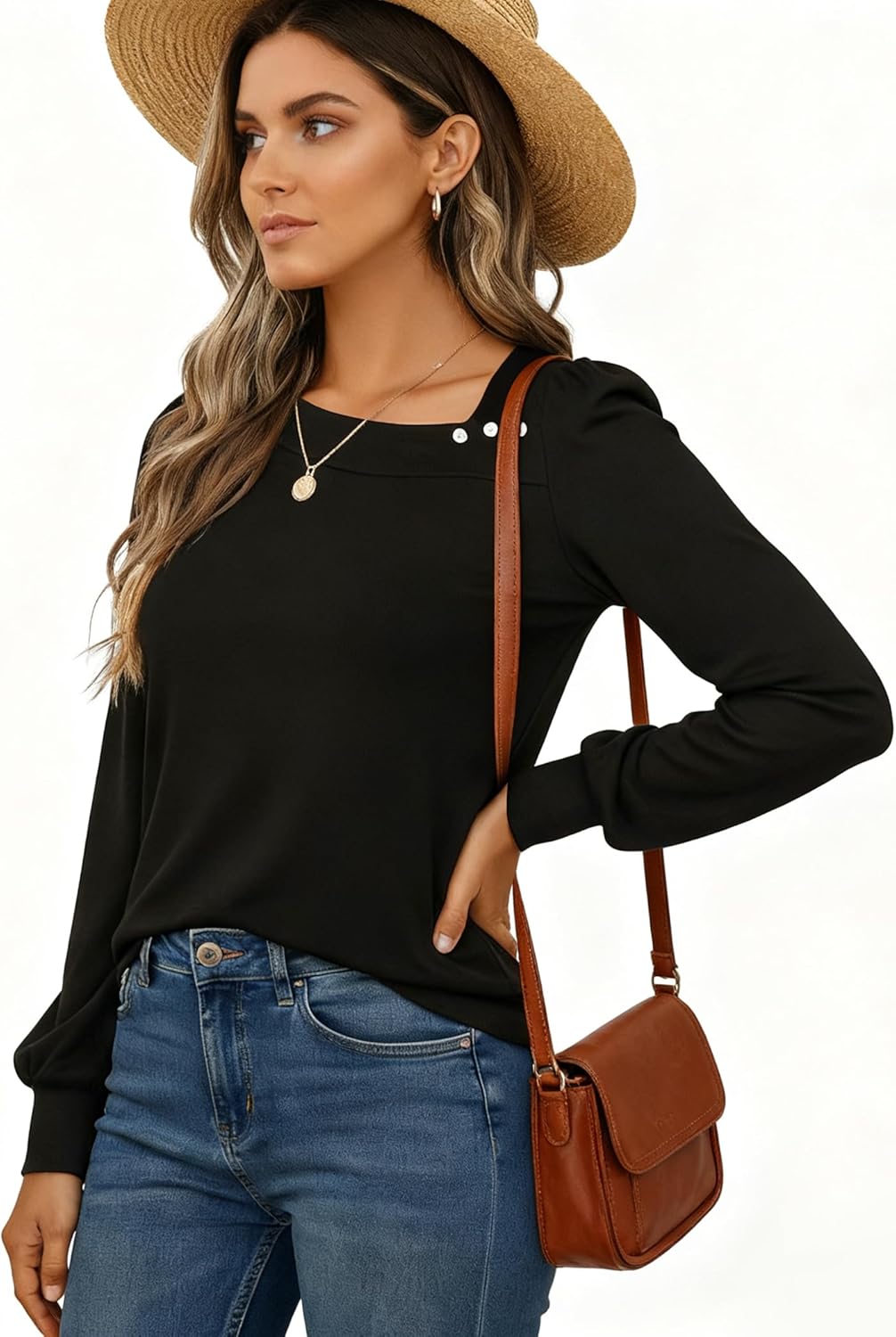 Buauty Long Sleeve Shirts for Women Asymmetric Neck Tunic Tops Decorative Buttons Fall Clothes Work Business Blouses - Image 2